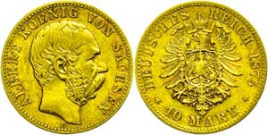 Saxony 10 Mark, 1875, Albert, watermark. ... 