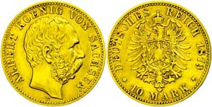 Saxony 10 Mark, 1879, Albert, rubbed, small ... 