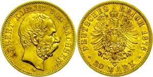 Saxony 20 Mark, 1876, Albert, watermark. ... 