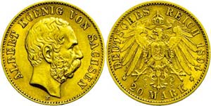 Saxony 20 Mark, 1894, Albert, watermark. ... 