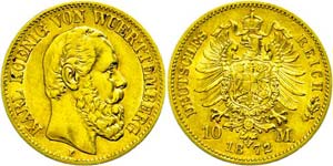 Württemberg 10 Mark, 1872, Karl, watermark. ... 