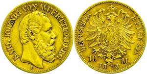 Württemberg 10 Mark, 1873, Karl, very fine, ... 