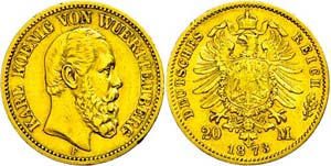 Württemberg 20 Mark, 1873, Karl, edge nick, ... 