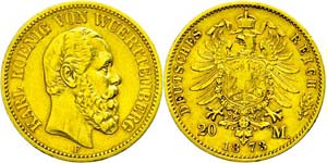 Württemberg 20 Mark, 1873, Karl, kl. ... 
