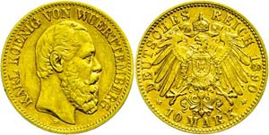 Württemberg 10 Mark, 1890, Karl, very ... 