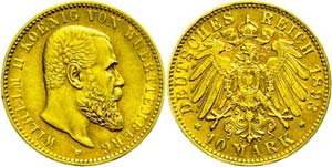 Württemberg 10 Mark, 1893, Wilhelm II., kl. ... 
