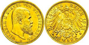 Württemberg 10 Mark, 1911, Wilhelm II., kl. ... 