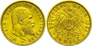 Württemberg 20 Mark, 1894, Wilhelm II., wz. ... 