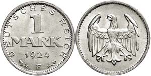 Coins Weimar Republic 1 Mark, 1924, F, f. ... 