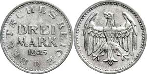 Coins Weimar Republic 3 Mark, 1925, D, J. ... 