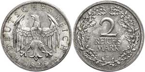 Coins Weimar Republic 2 Reichmark, 1925, E, ... 