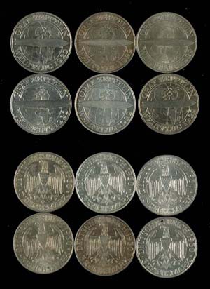 Coins Weimar Republic 6 x 3 Reichmark, 1930, ... 