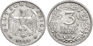 Münzen Weimar 3 Reichsmark, 1931, F, wz. ... 