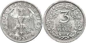 Coins Weimar Republic 3 Reichmark, 1931, J, ... 