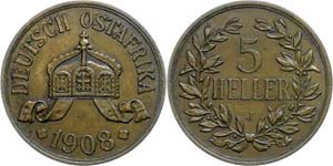 Coins German Colonies DOA, 5 Heller, 1908, ... 