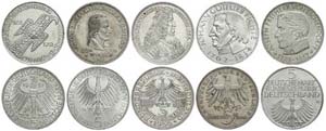 Münzen Bund ab 1946 5 x 5 Mark, 1952-1964, ... 