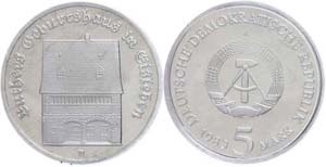 GDR 5 Mark, 1983, Luthers birthplace, in the ... 