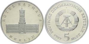 GDR 5 Mark, 1987, red city hall in Berlin, ... 