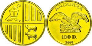 Andorra 100 Diners, Gold, 2006, Av: eagle on ... 