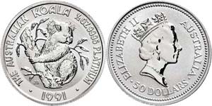 Australia 50 Dollars, Platinum, 1991, koala, ... 