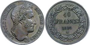 Belgien 40 Francs, Kupfer, 1834, Leopold I., ... 