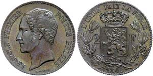 Belgien 2 Francs, Kupfer, 1849, Leopold I., ... 