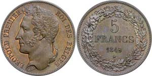 Belgien 5 Francs, Kupfer, 1849, Leopold I., ... 