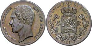 Belgien 2 1/2 Francs, Kupfer, 1850, Leopold ... 