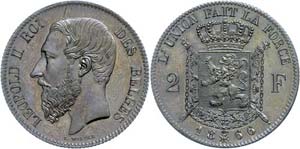 Belgien 2 Francs, Kupfer, 1866, Leopold II., ... 
