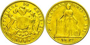 Chile 10 Peso, Gold, 1859, Fb. 45, frame ... 