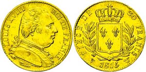 France 20 Franc, Gold, 1815, louis XVIII., W ... 