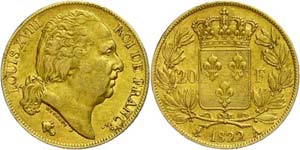 France 20 Franc, Gold, 1822, louis XVIII., ... 