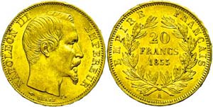 France 20 Franc, Gold, 1855, A, Napoleon ... 