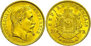 France 20 Franc, Gold, 1865, BB, Napoleon ... 