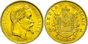 France 20 Franc, Gold, 1865, A, Napoleon ... 