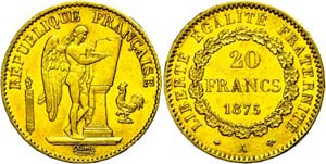 France 20 Franc, Gold, 1875, A, standing ... 