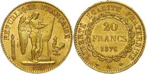 France 20 Franc, Gold, 1876, A, standing ... 