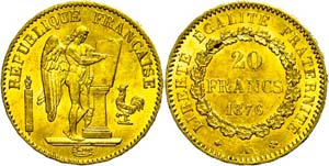 France 20 Franc, Gold, 1876, A, standing ... 
