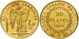 France 20 Franc, Gold, 1889, A, standing ... 