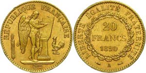 France 20 Franc, Gold, 1890, A, standing ... 