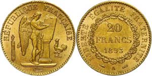 France 20 Franc, Gold, 1893, A, standing ... 