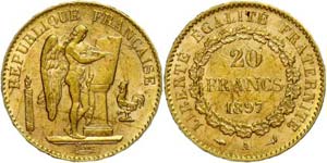 France 20 Franc, Gold, 1897, A, standing ... 