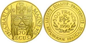 Frankreich 500 Francs (70 Ecus), Gold, 1990, ... 