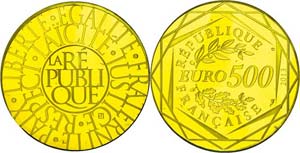 Frankreich 500 Euro, Gold, 2013, Republik, ... 