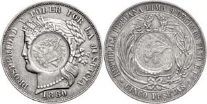 Guatemala 5 Pesetas, 1880, with countermark ... 