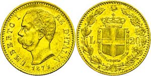 Italy 20 liras Gold, 1873, Umberto I., ... 