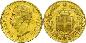 Italy 20 liras, Gold, 1882, Umberto I., Mzz ... 