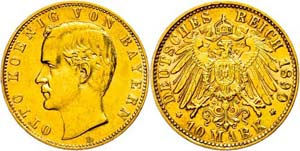 Bavaria 10 Mark, 1890, Otto, very fine to ... 