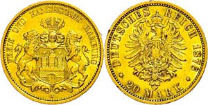 Hamburg 20 Mark, 1876, Wilhelm II., edge ... 