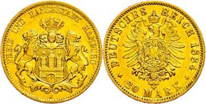 Hamburg 20 Mark, 1884, Wilhelm II., small ... 